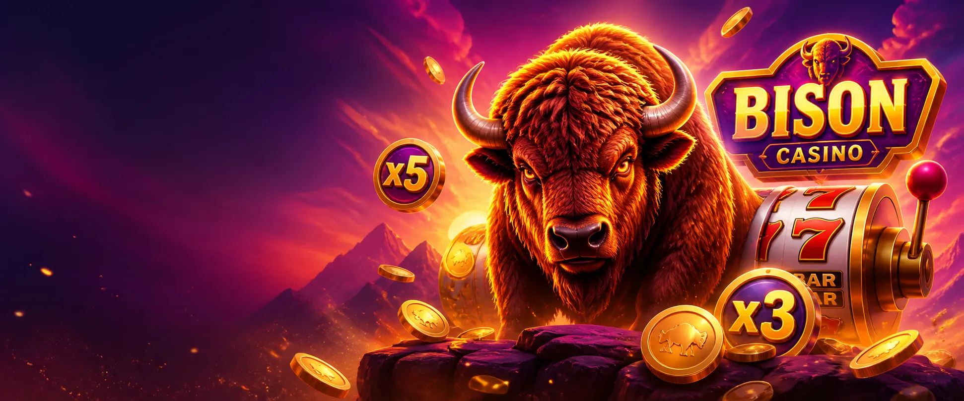 Dynamic promotional banner inspired by Bison Casino brand mood