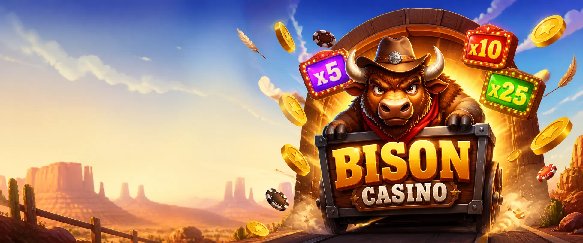 Bright promotional banner featuring bison-themed casino brand with dynamic colors and energy.