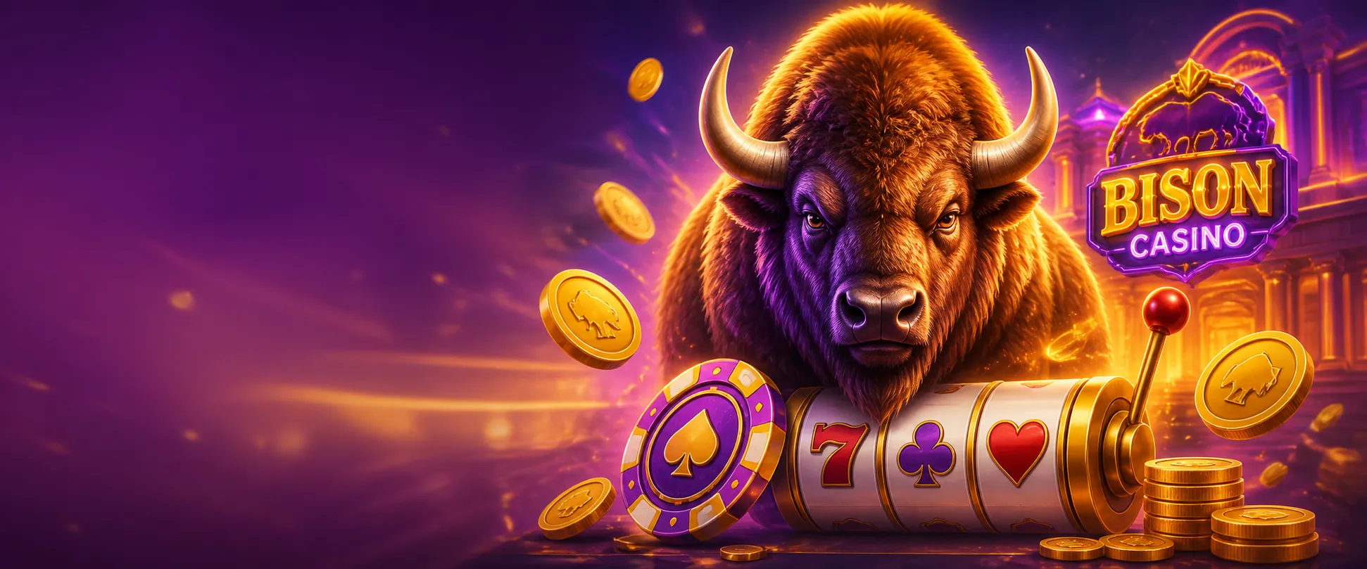 Promotional banner inspired by Bison Casino's visual identity featuring dynamic gaming elements and premium casino mood