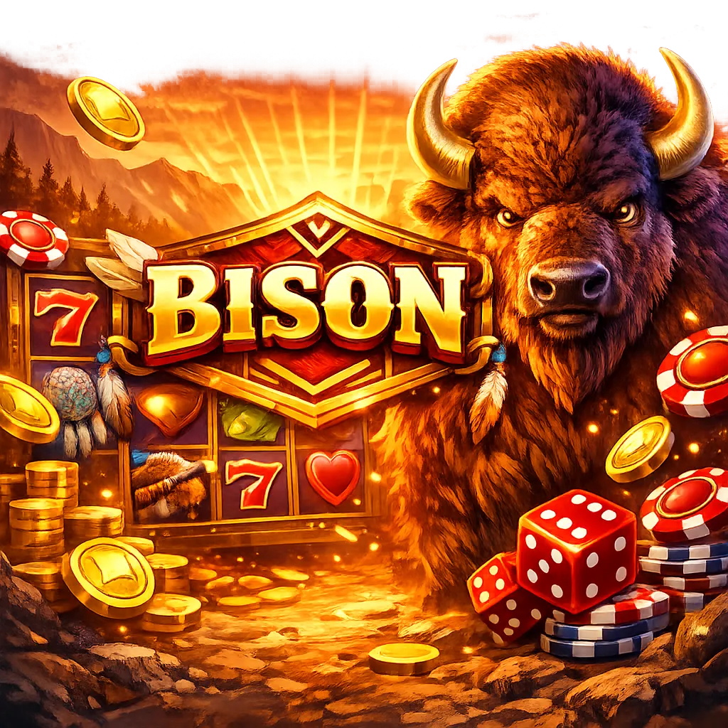 Dynamic promotional image for Bison Casino featuring vibrant colors, floating coins, and iGaming elements.